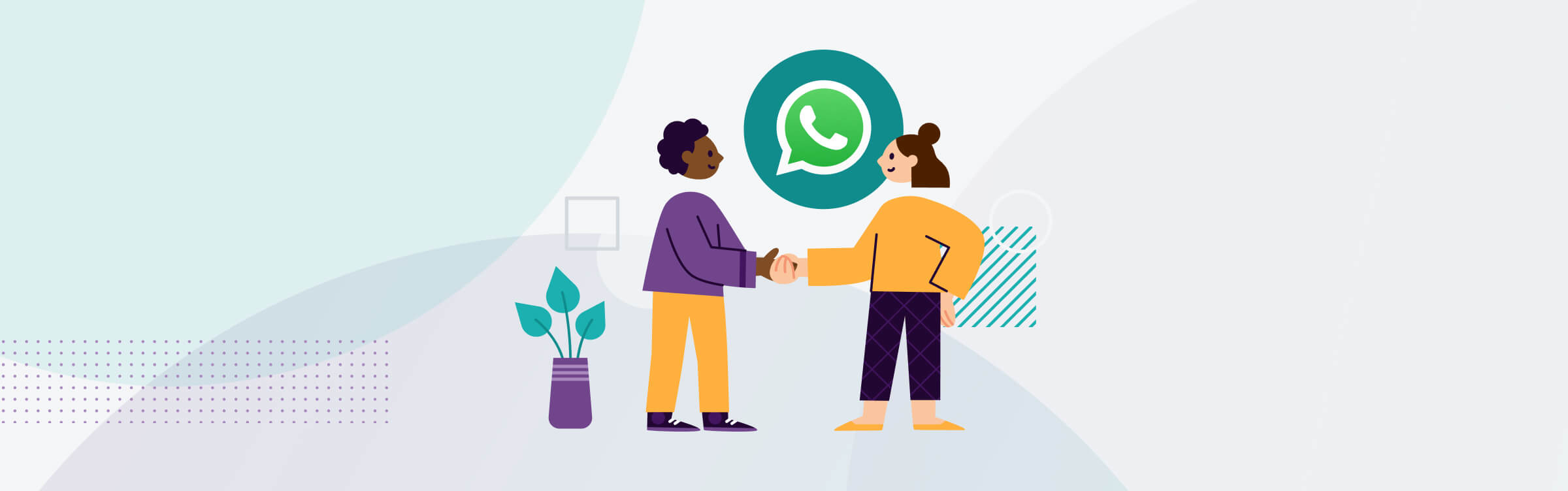 Image showing how WhatsApp Business Platform can lead to building stronger relationships in business. Shown through 2 people shaking hands and the WhatsApp icon in between them.