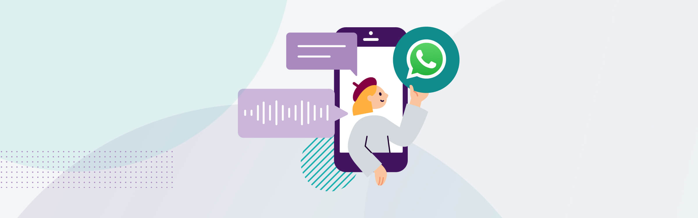 Image of a person, a phone, a message and the WhatsApp logo