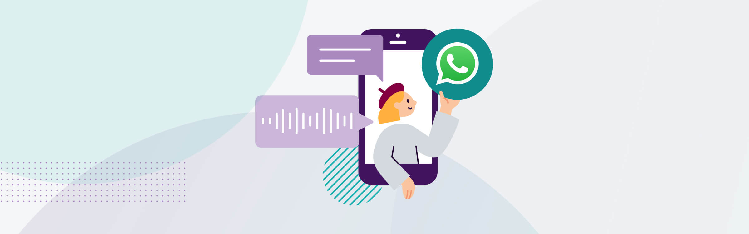 Image of a person, a phone, a message and the WhatsApp logo, representing the whatsapp business etiquette