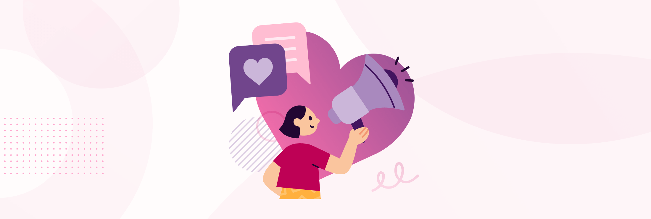 Image with hearts and person using megaphone to identify why to use WhatsApp for better customer relationships
