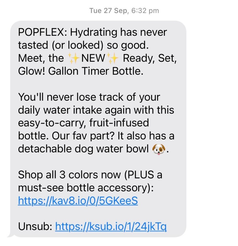 text message promoting a new water bottle product and a link to buy it
