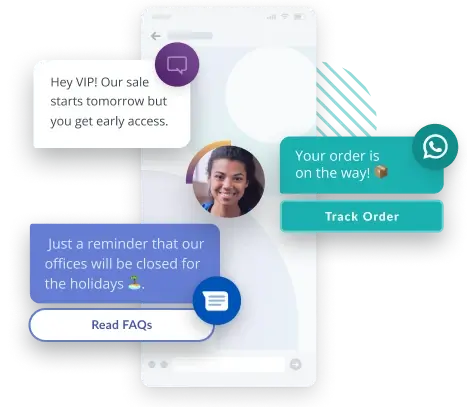 graphic showing a mobile phone with marketing messages via SMS and WhatsApp