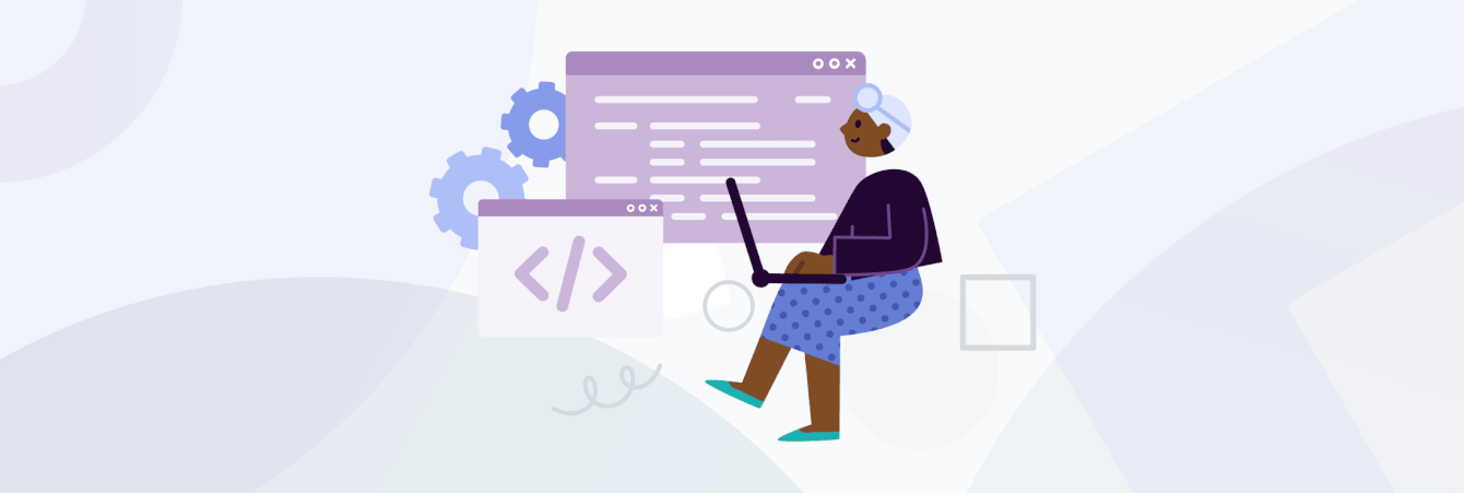 Illustration of a person in healthcare coding on their laptop with a floating code interface, code icon and gears signifying API automation.