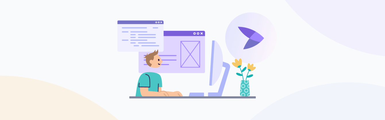 Illustration of a developer working at a desktop computer with floating code and UI wireframe windows, next to a vase of yellow flowers and a purple logo badge.