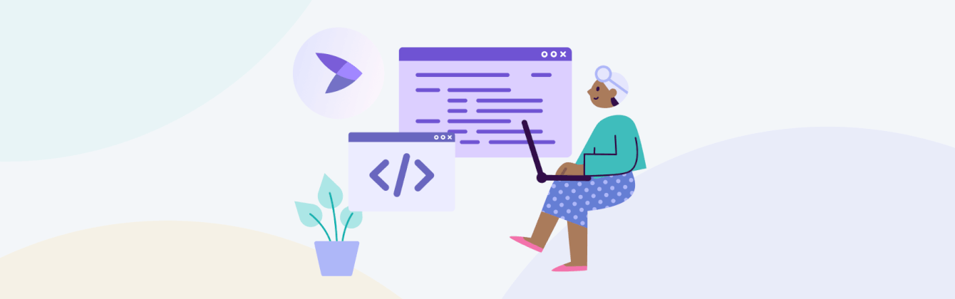 Illustration of a developer working on a laptop, surrounded by floating code windows, a code icon, a potted plant, and a purple logo badge