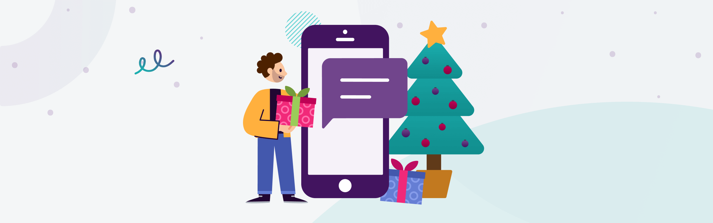cartoon person holding out a Christmas present through a phone to represent the benefits of SMS automations during the holiday season