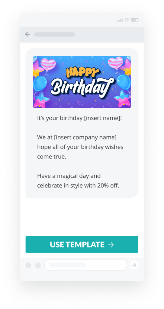 sms birthday template with 20% off discount code