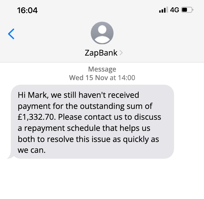 sms debt collection repayment message from a bank 