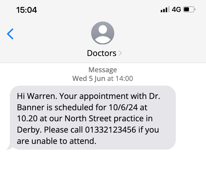 sms reminder from doctors for an upcoming appointment