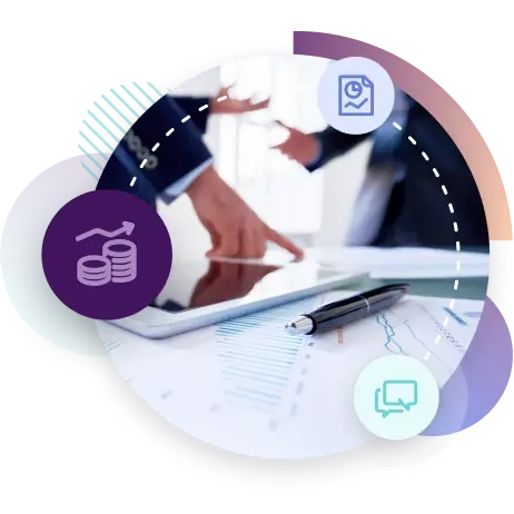 financial services graphic showing a report and two people's hands wearing suits