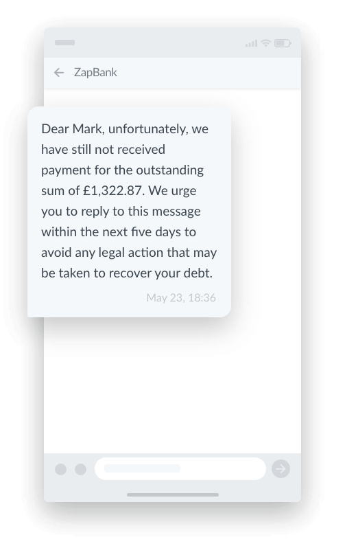text message from a bank asking for payment of an outstanding debt