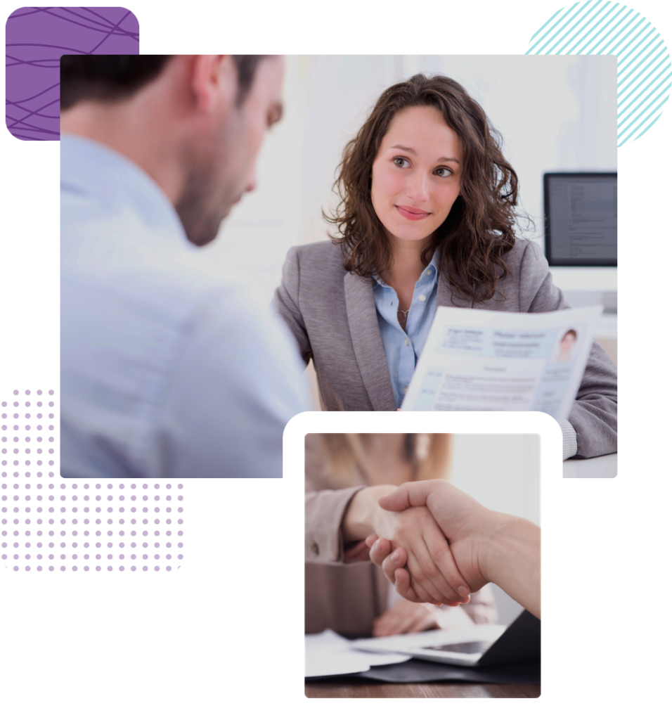 two pictures showing a candidate at an interview shaking hands