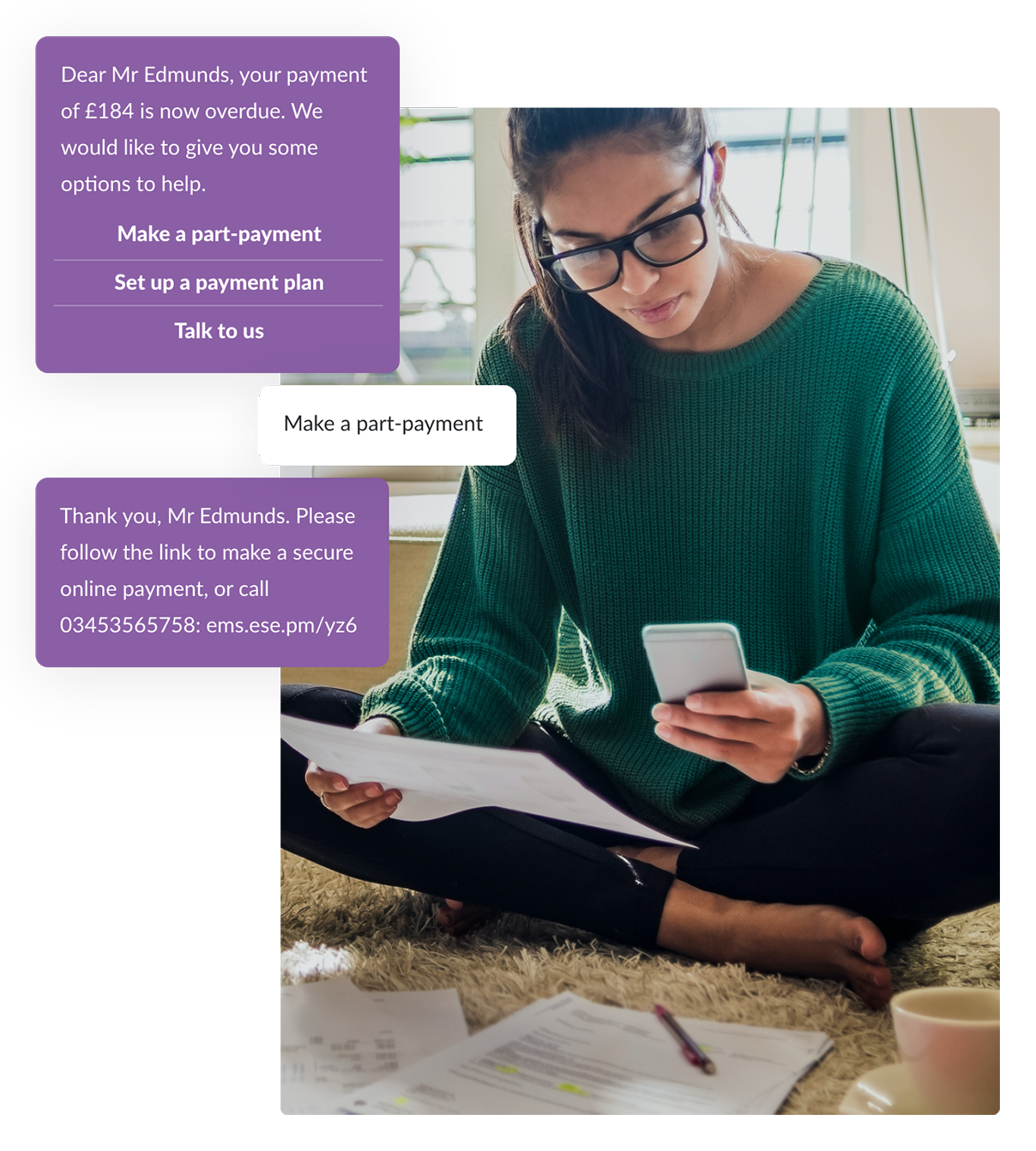 Photo of lady holding bill and mobile phone with messages telling recipient payment is overdue and giving various payment options