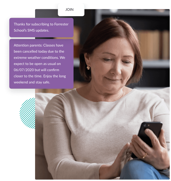 Photo of lady sat looking at mobile phone with message bubbles overlaid, depicting the interaction between parents and a school via their SMS alert system