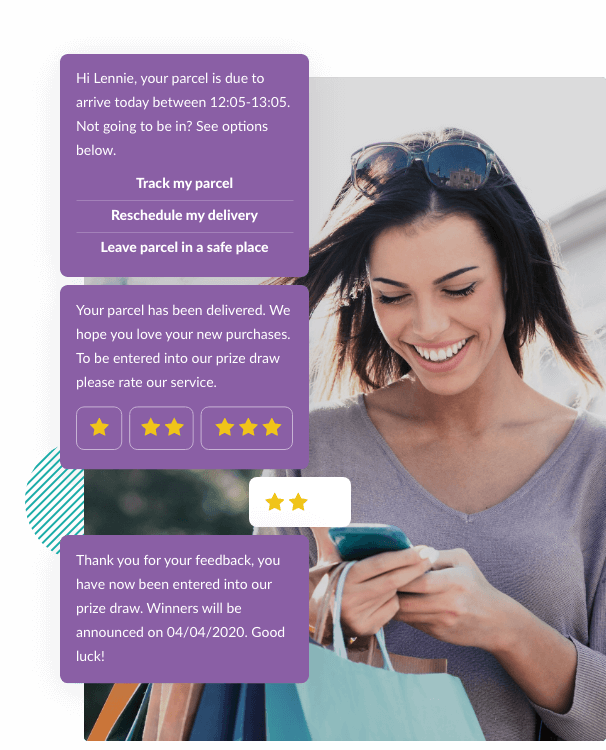Photo of lady on mobile holding shopping bag. Overlaid with text message bubble depicting company sending delivery update and then asking the recipient to rate the delivery service.
