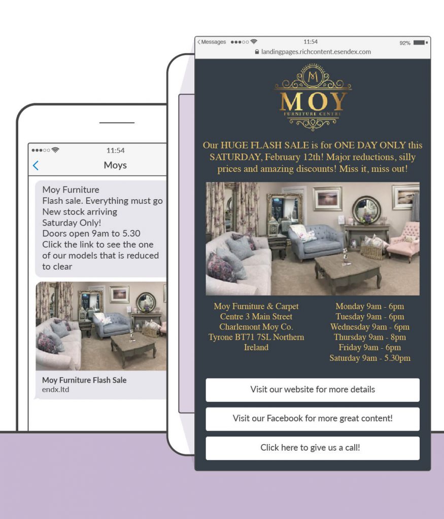 moy furniture sms and landing page