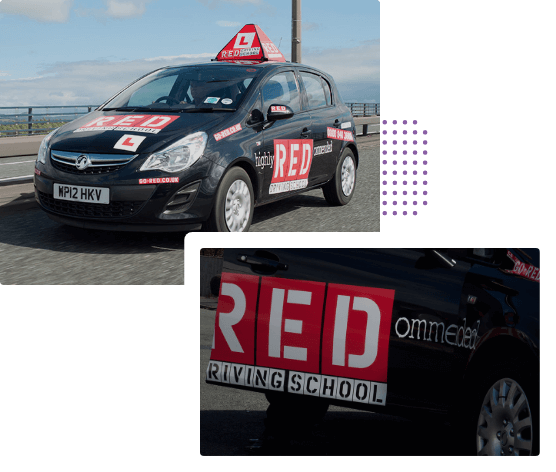 Red driving school car