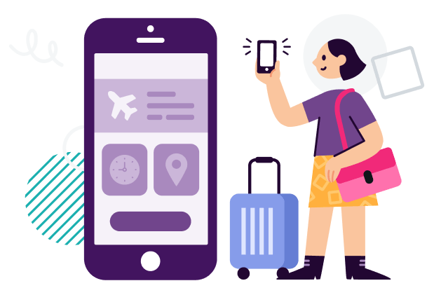 graphic showing a phone and a person with a suitcase