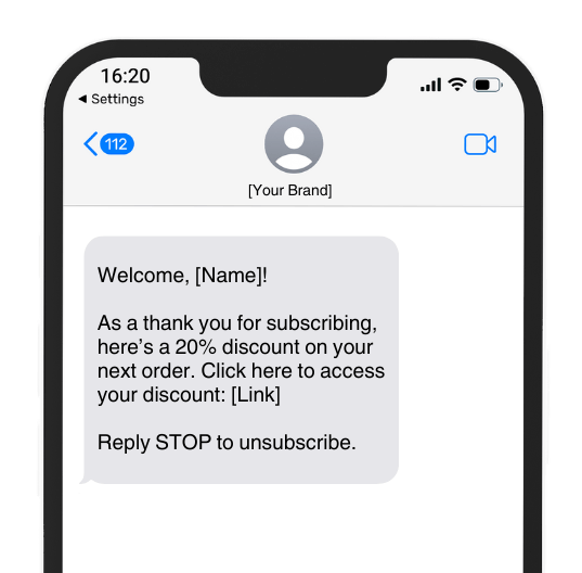 welcome text message example on an iphone with a discount link