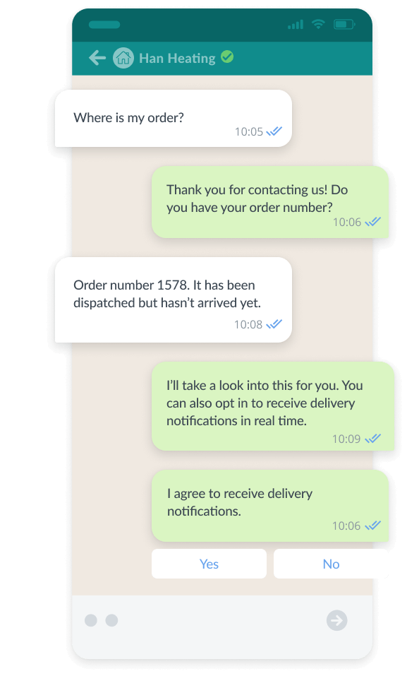 whatsapp business conversation between a heating supplier and a customer